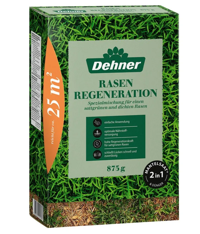 Dehner Rasensamen Rasen-Reparatur Saatgut, für strapazierfähigen Rasen, versch. Größen, 0,88 kg, Dünger, schnell keimend, pflegeleicht, FSC-zertifizierte Verpackung – Produktbild 1 von 5