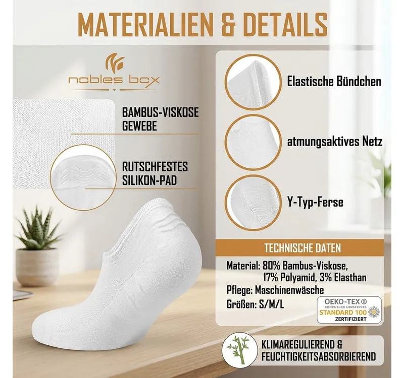 NoblesBox Kurzsocken Bambus Füßlinge Socken - No Show Socken - Unsichtbar & Rutschfest (Box, 6-Paar) Anti-Rutsch, Weiß, – Produktbild 3 von 5