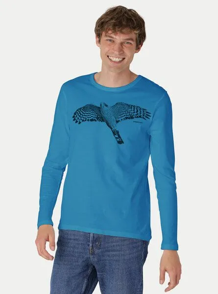 Peaces.bio - handbedruckte Biomode Peaces.bio - handbedruckte Biomode Bio-Herren-Langarmshirt "Sperber", Türkis, – Produktbild 2 von 3