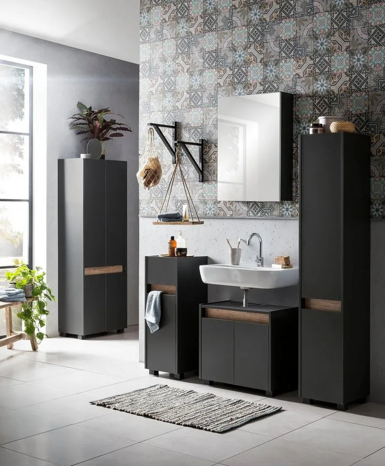 Schildmeyer Badmöbel-Set Cosmo, Badezimmer Set, melaminharzbeschichtet, Made in Germany, (Set, 3-St), Solide Verarbeitung - Dieses Produkt ist in Deutschland gefertigt, Schwarz, – Produktbild 4 von 5