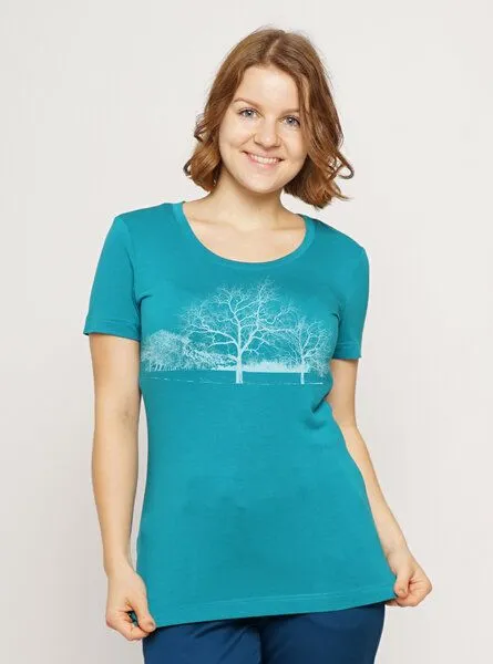 Peaces.bio - handbedruckte Biomode Peaces.bio - handbedruckte Biomode Lieber Wieder Shirt Landscape Damen, Türkis, – Produktbild 1 von 1