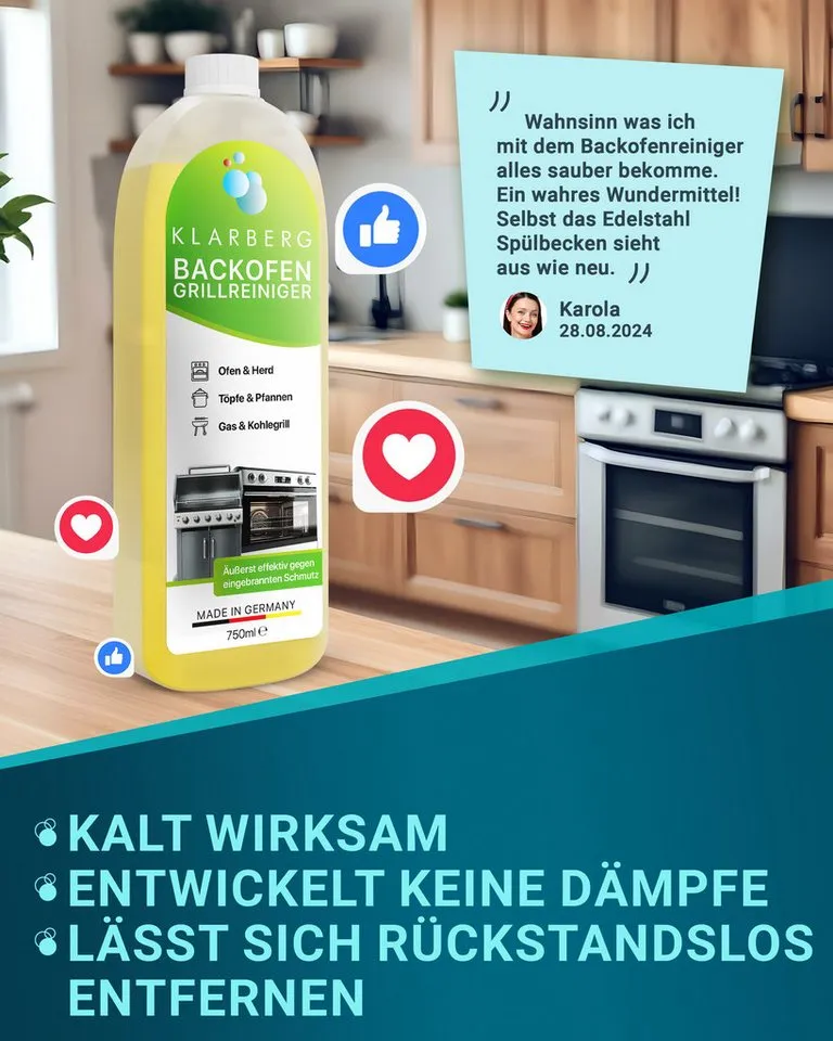 Klarberg Backofen- & Grillreiniger extra stark – für Ofen, Grill, Gasgrill Backofenreiniger (Spar-Set, [- geruchsneutral, extra stark) – Produktbild 5 von 5