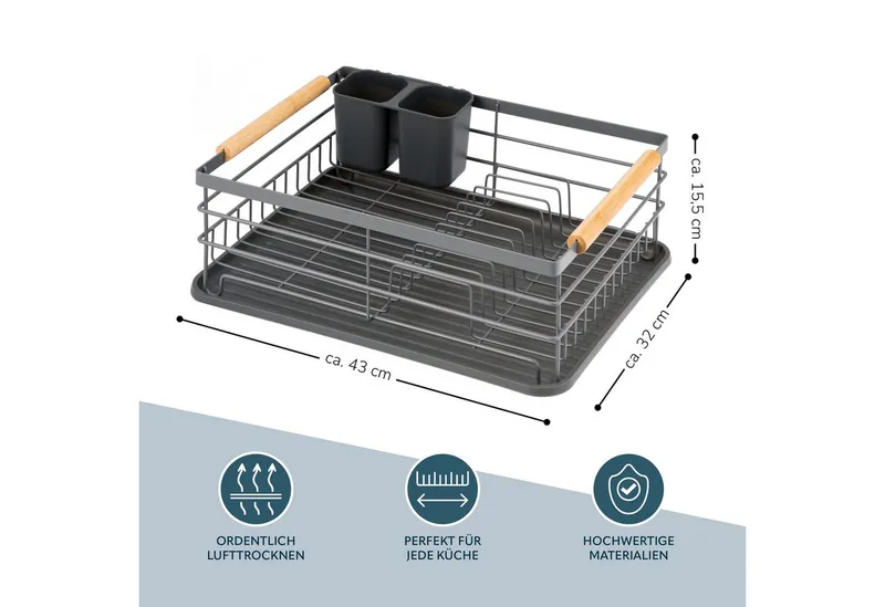 eluno Geschirrständer Metall-Abtropfgestell mit Abtropfschale für Geschirr mit Besteckhalter, Grau, – Produktbild 5 von 5