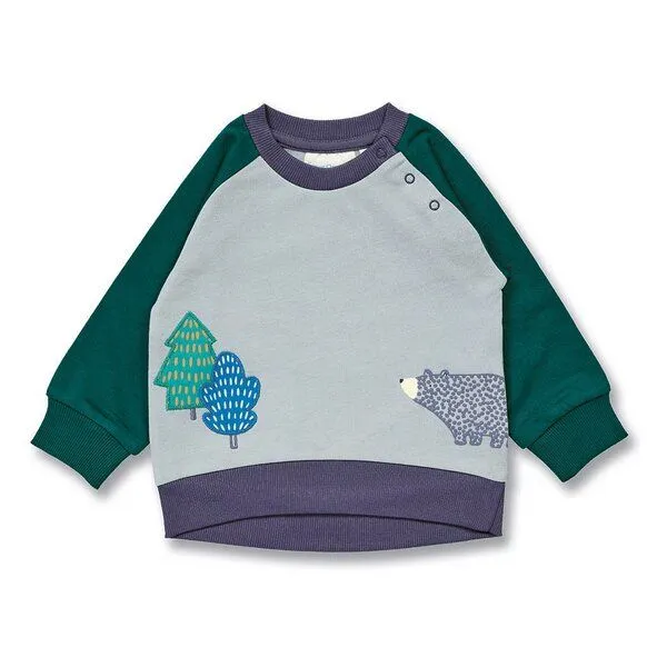 Sense Organics Sense Organics Baby Sweatshirt mit Bären-Motiv, Modell BUDA, Bären-druck auf grau / ärmel in tannengrün, – Produktbild 1 von 4