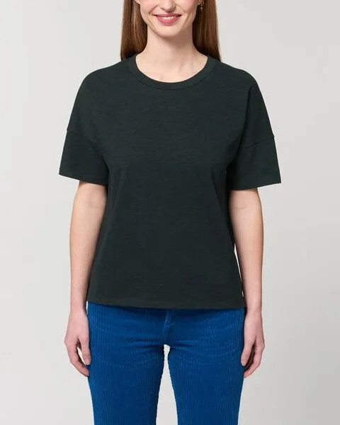 YTWOO YTWOO Kurzes Damen T-Shirt aus schwerer Bio Baumwolle mit Slub-Optik, Schwarz, – Produktbild 3 von 4