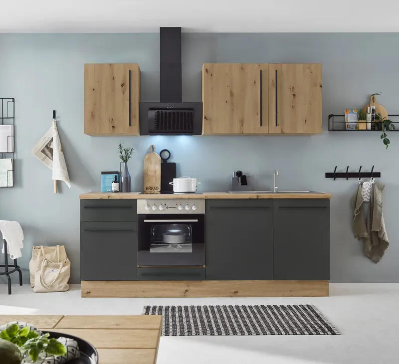 KOCHSTATION Küchenzeile Florida mit 38mm starker Arbeitsplatte, Breite 220 cm, wahlweise mit E-Geräten, Soft-Close-Funktion, Schwarz, – Produktbild 1 von 5
