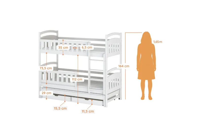 Kids Collective Etagenbett Hochbett Stockbett Kinderbett 90x200 cm mit Ausziehbett und Schubladen (mit drei Matratzen inklusive), Umbaubar zu 3 Einzelbetten mit Lattenrosten & Rausfallschutz, Weiß, – Produktbild 3 von 5