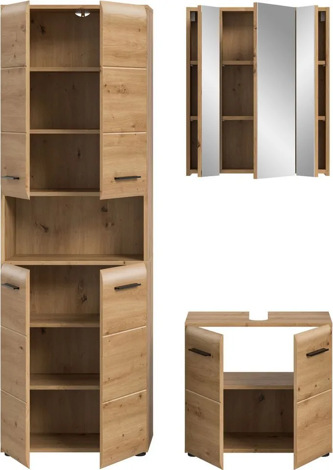 welltime Badmöbel-Set FLORENZ, 3-teilige Badkombination, hochwertige MDF-Front, (Set, 3-St., best. aus: 1 Hochschrank, 1Waschbeckenunterschrank, 1 Spiegelschrank), Bad-Kombination, Bad-Möbel, Badezimmer, Kombination, Kombi, Braun, – Produktbild 4 von 5