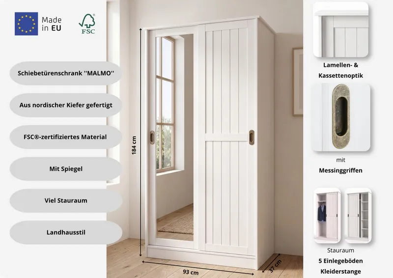 OTTO home Garderobenschrank Malmö Mehrzweckschrank mit Schiebetüren und Spiegel (B/T/H: 93/37/184 cm) aus massiver FSC®-zertifizierter Kiefer, B/T/H 93/37/187 cm, Weiß, – Produktbild 1 von 5
