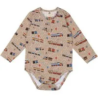 Walkiddy Walkiddy Tiny Trains Body in Braun, GOTS-Zertifizierter Bio-Baumwollstrampler mit Zugmotiv – Produktbild 1 von 1