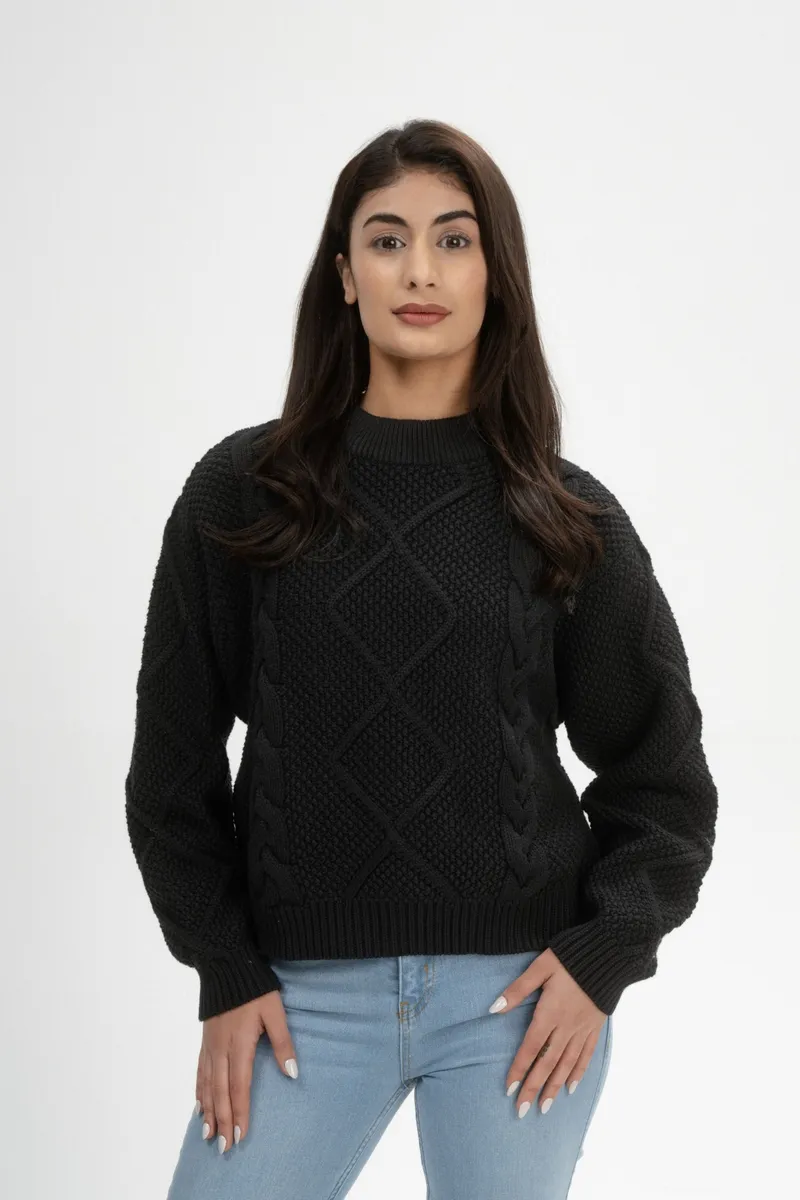 MELA MELA Damen vegan Strickpullover Cable Samaira Schwarz, Schwarz, – Produktbild 2 von 2