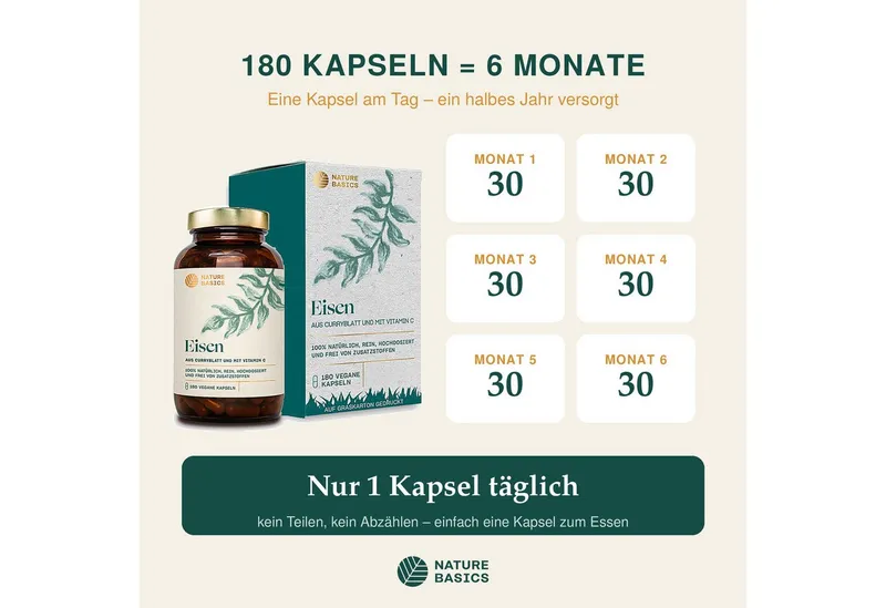 Nature Basics Natürliches Eisen mit Vitamin C Vegan im Braunglas 180 Kapseln, 180 St., 135 g – Produktbild 3 von 5