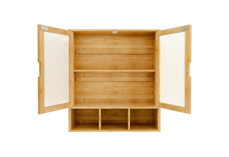 Yorbay Hängeschrank Bambus Badezimmerschrank (59x22x66 cm, Magnetverschluss & verstellbare Regale) Wandschrank mit Doppeltüren, Bambus, – Produktbild 2 von 5