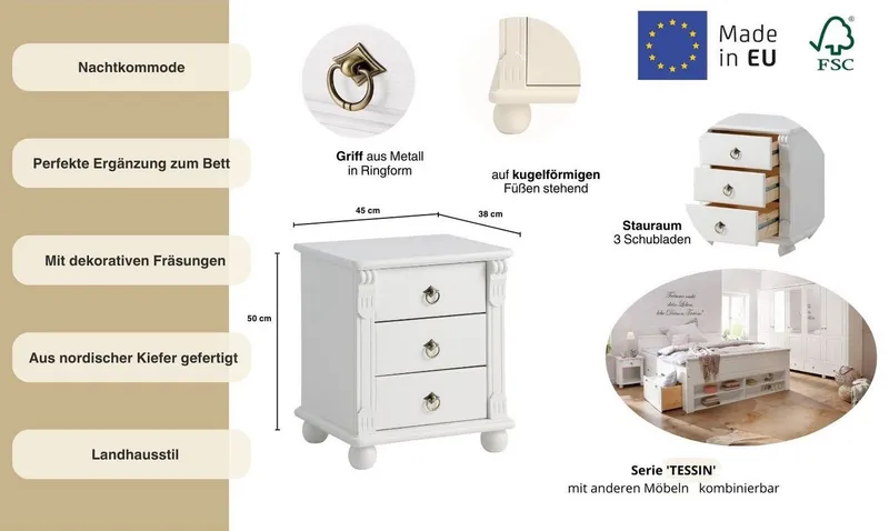 OTTO home Nachtkommode Tessin, aus massiver FSC®-zertifizierter Kiefer, mit 3 Schubladen, Weiß, – Produktbild 7 von 7