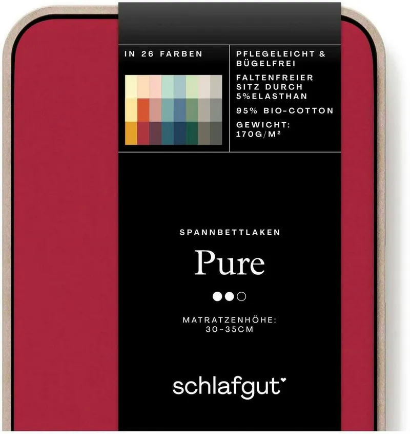 Schlafgut Schlafgut Spannbettlaken PURE Bio-Baumwolle mit Elasthan, 170 g/m², Bettlaken, Spannbetttuch, Jersey, Gummizug: rundum, (1 Stück), PREMIUM Laken für Matratzen bis 30cm Höhe, dehnbar blickdicht, straff, Rot, – Produktbild 5 von 5