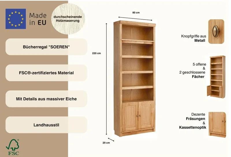 OTTO home Bücherregal Soeren Eiche Regal B/T/H: 80/29/220 cm mit 2 Türen, mit Eiche-Elementen, FSC®-zertifiziert, insgesamt 7 Fächer, Braun, – Produktbild 3 von 5