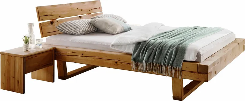 OTTO home Schlafzimmer-Set Ultima, 3-tlg., Bettgestell & 2 Nachttische aus massivem Fichtenholz, (Set, 3-tlg., Liegefläche 180x200cm, Belastbarkeit je Seite bis zu 200kg), Scandi Rustikale Balken-Optik, FSC®-zertifiziert, Pro Seite bis 200 kg, Beige, – Produktbild 2 von 5