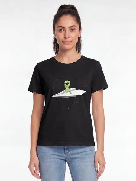 watapparel watapparel T-Shirt Frauen Alien on a paper plane, Black, – Produktbild 2 von 2