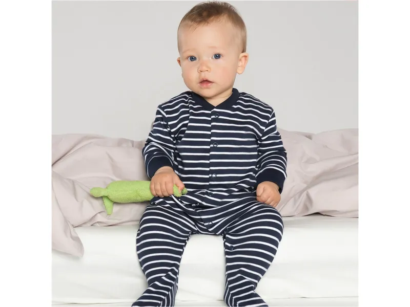 Living Crafts Living Crafts Baby und Kinder Schlafanzug Bio-Baumwolle mit Füßchen marine-weiß gestreift Gr. 98, Blau, – Produktbild 2 von 2