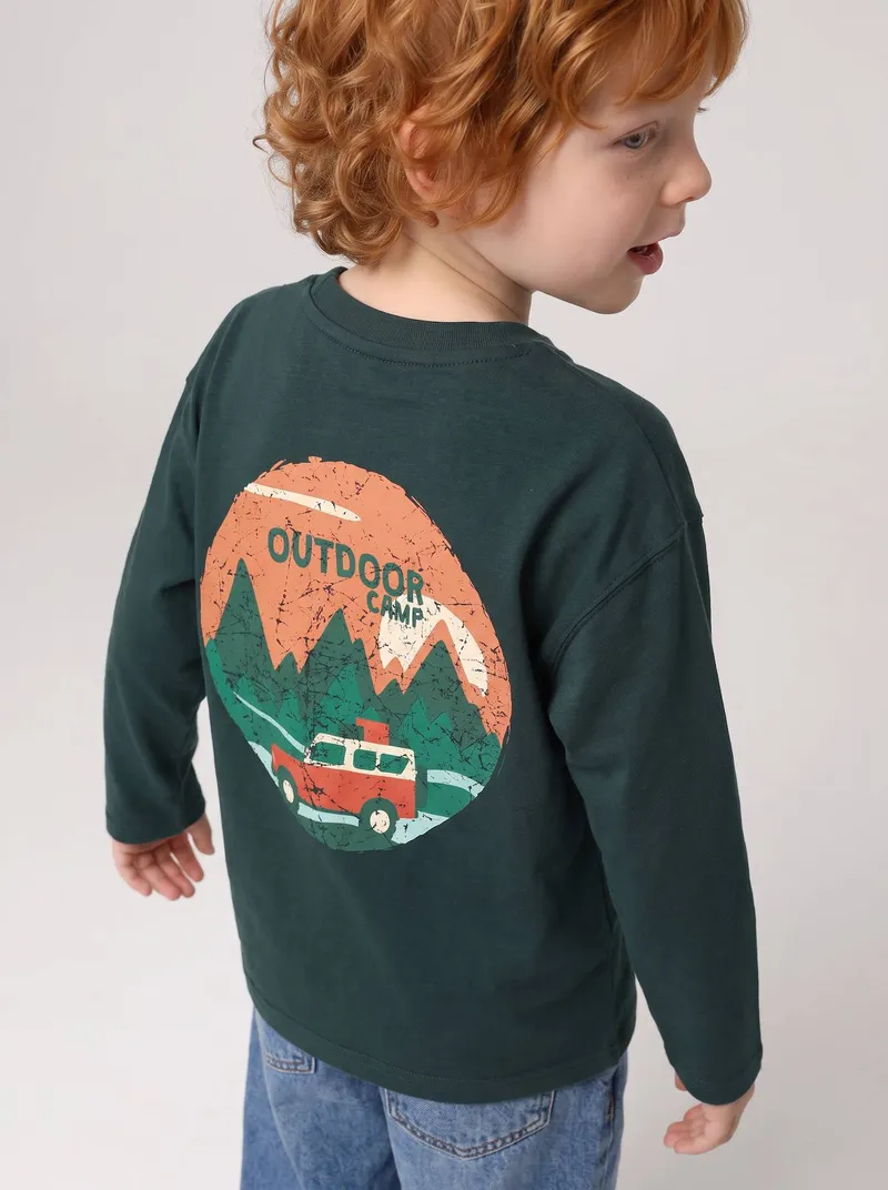 Vertbaudet Shirt Jungen Print vorn und hinten n, Tannengrün, – Produktbild 1 von 4