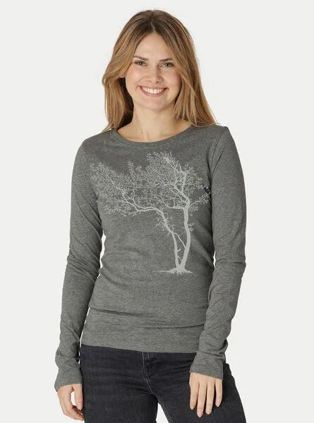 Peaces.bio - handbedruckte Biomode Peaces.bio - handbedruckte Biomode Bio-Damen-Langarmshirt "Fancy Tree", Grau, – Produktbild 1 von 3