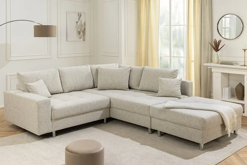 riess-ambiente Ecksofa KENT 220cm beige/chrom – XXL Strukturstoff, L-Form, inkl. Kissen, Einzelartikel 1 Teile, FSC-zertifizierte Wohnlandschaft mit Hocker – ideal fürs Wohnzimmer, Beige, – Produktbild 3 von 5