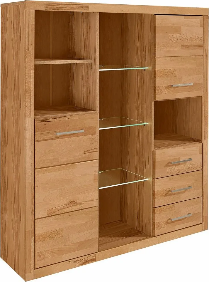 OTTO home Highboard Ribe,130cm breit145cm hoch,Fronten Massivholz,12 Fächer, Korpus aus Holzwerkstoff, Metall Griffe,Böden versetzbar, Braun, – Produktbild 3 von 4