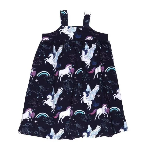 Walkiddy Kinder Trägerkleid GOTS zertifiziert, Bio-Baumwolle, dunkelblau, Einhorn-Pegasus-Muster, leicht – Walkiddy, Blau, – Produktbild 1 von 3