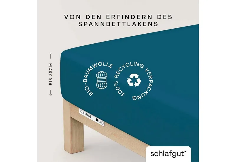 Schlafgut Schlafgut Spannbettlaken CASUAL Bettlaken 100% gekämmte Bio-Baumwolle, 150 g/m², Spannbetttuch, Jersey, Gummizug: rundum, (1 Stück), Bettlaken bis 25 cm Höhe, langlebig, weich, Antipilling-Ausrüstung, Blau, – Produktbild 2 von 5