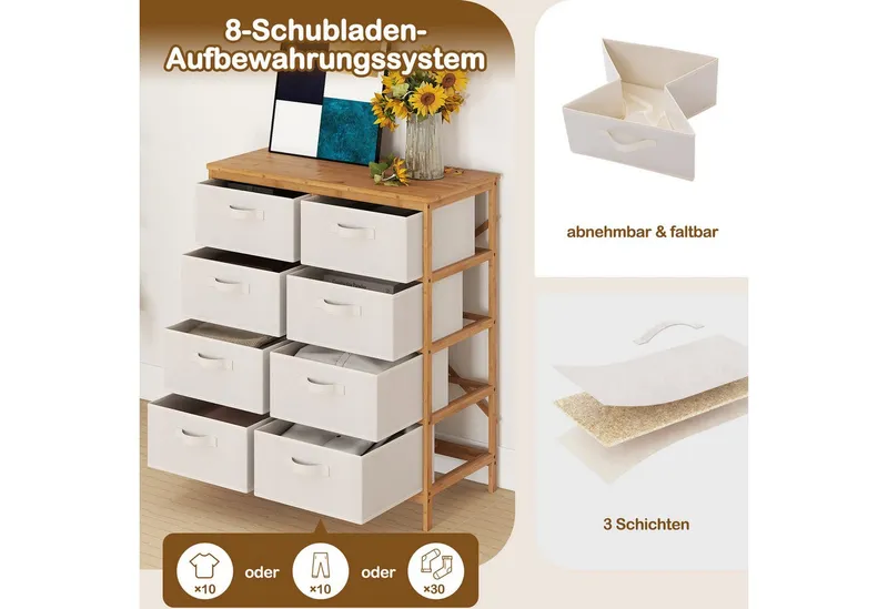 COSTWAY COSTWAY Sideboard, mit 8 abnehmbaren Stoffschubladen Bambus 80x40x94cm, Beige, – Produktbild 4 von 5