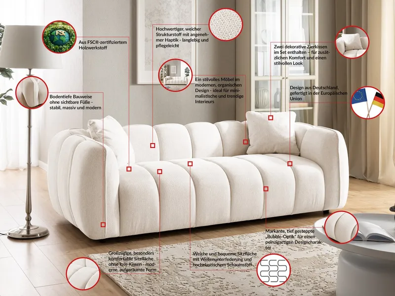 S-Style Möbel Sofa 3-Sitzer Nubira in tief gesteppter Bubble-Optik aus Strukturstoff, mit modernem Design und Wellenfederung, Beige, – Produktbild 3 von 5