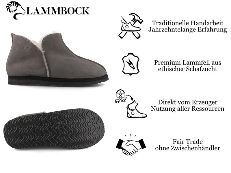 Lammbock Lammbock Shearlock Lammfell Hausschuhe für Damen Herren, grau Hausschuh Winterhausschuhe aus Lammfell, temperaturregulierend, Grau, – Produktbild 2 von 5
