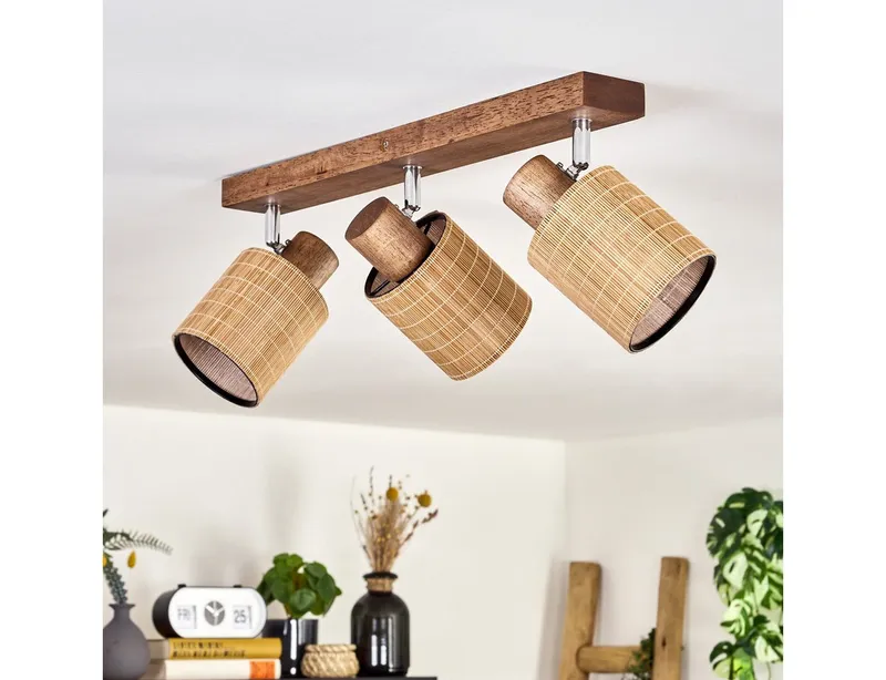 hofstein Deckenleuchte Deckenlampe aus Holz/Metall/Bambus in Dunkelbraun/Chromfarben/Natur, ohne Leuchtmittel, mit verstellbaren Strahlern, 3 x E14, ohne Leuchtmittel, Beige, – Produktbild 2 von 5