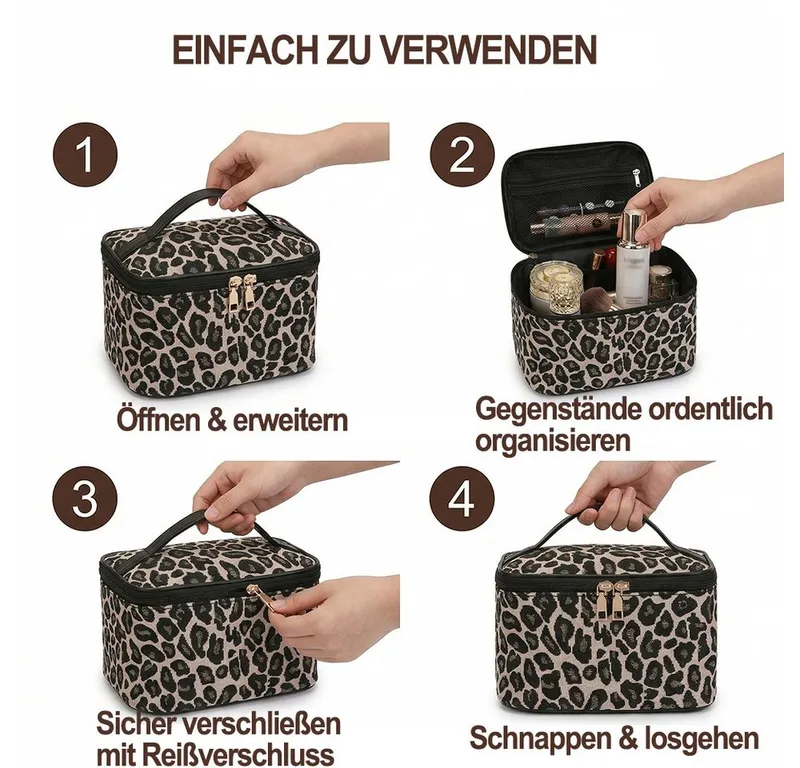 Agger Kulturbeutel Kosmetiktasche für Damen,Make-up-Tasche, tragbare (1-tlg), tragbare Kosmetiktasche mit Leopardenmuster,Waschbeutel, Beautycase – Produktbild 4 von 4