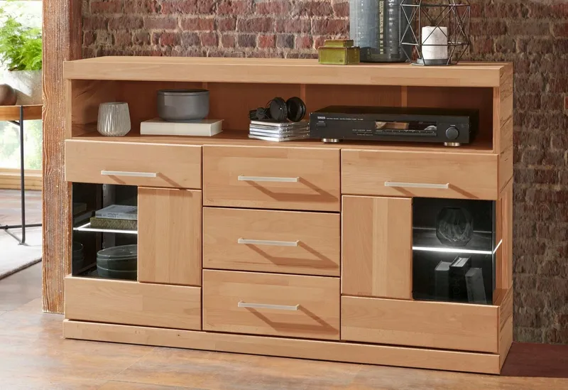 OTTO home Sideboard Ribe,125cm breit, Fronten Massivholz,5 Fächer,Böden versetzbar, Korpus Holzwerkstoff,Türen mit Glaseinsatz,3 Schubladen,Metallgriffe, Braun, – Produktbild 2 von 5