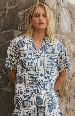 Dedicated DEDICATED Damen vegan Shirt Torup Ozeanblau/Weiß – Produktbild 1 von 1