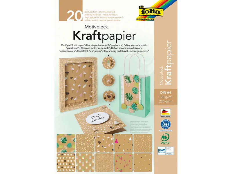 folia folia Motivblock Kraftpapier, DIN A4, 20 Blatt sortiert – Produktbild 1 von 1
