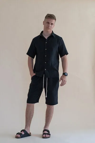 gust. gust. Herren Kurzarm Leinenhemd - Linen shirt - Short sleeve - 100% Bio-Leinen, Black (schwarz), – Produktbild 1 von 4