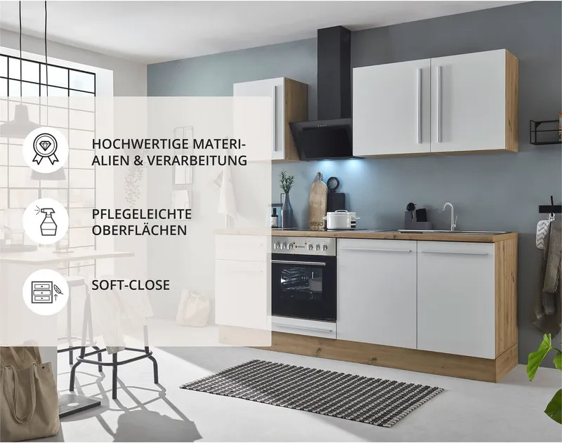 KOCHSTATION Küchenzeile Florida mit 38mm starker Arbeitsplatte, Breite 220 cm, wahlweise mit E-Geräten, Soft-Close-Funktion, Weiß, – Produktbild 3 von 5