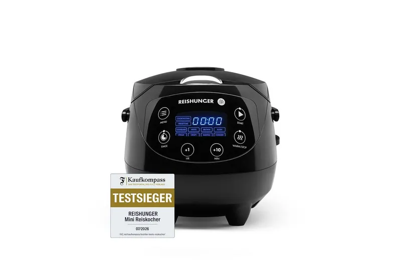 Reishunger Reishunger Reiskocher Digital Mini – 0,6 L – Multikocher – 8 Programme – Keramikbeschichtung, 350 W, Dämpfeinsatz, Messbecher, Reislöffel, Timer- und Warmhaltefunktion, Schwarz, – Produktbild 6 von 6