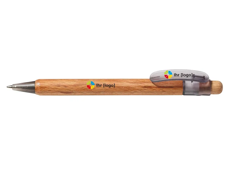 Memo PEFC-zert. Holz-Druckkugelschreiber 'Prisma wood' rauch trans. Funktionsteilen – Produktbild 1 von 1