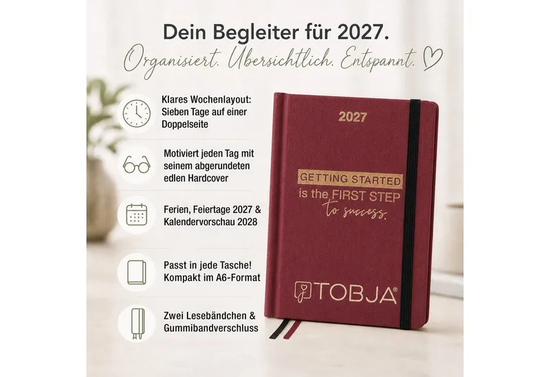 TOBJA Taschenkalender Taschenkalender 2027 A6 Bordeaux Goldprägung 1 Woche 2 Seiten FSC, Goldfolienprägung, 2 Lesebändchen, Gummiband, FSC, A6, Rot, – Produktbild 2 von 5