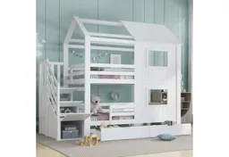 Merax Etagenbett 90x200cm mit Dach und Fenstern (1-St., Stockbett Jugendbett Doppelbett Hausbett), Kinderbett mit Treppenschrank, Ablagefächern & Aufbewahrungsschublade – Produktbild 1 von 1