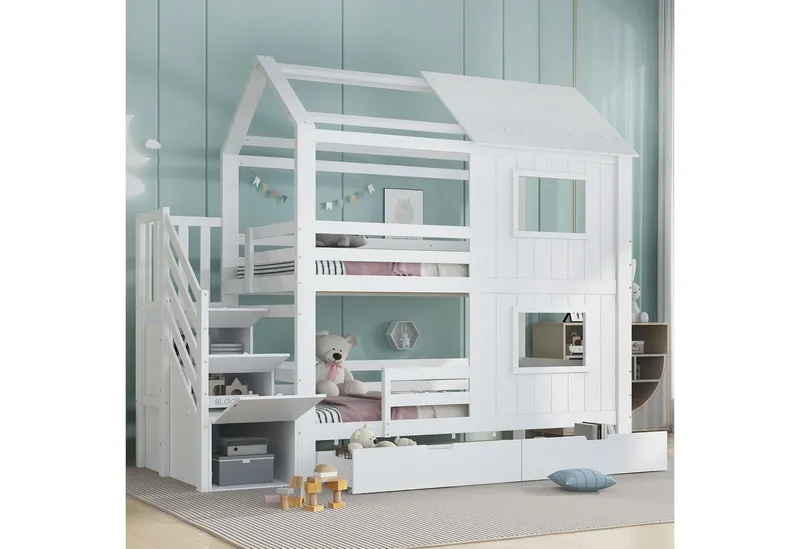 Merax Etagenbett 90x200cm mit Dach und Fenstern (1-St., Stockbett Jugendbett Doppelbett Hausbett), Kinderbett mit Treppenschrank, Ablagefächern & Aufbewahrungsschublade, Weiß, – Produktbild 1 von 4