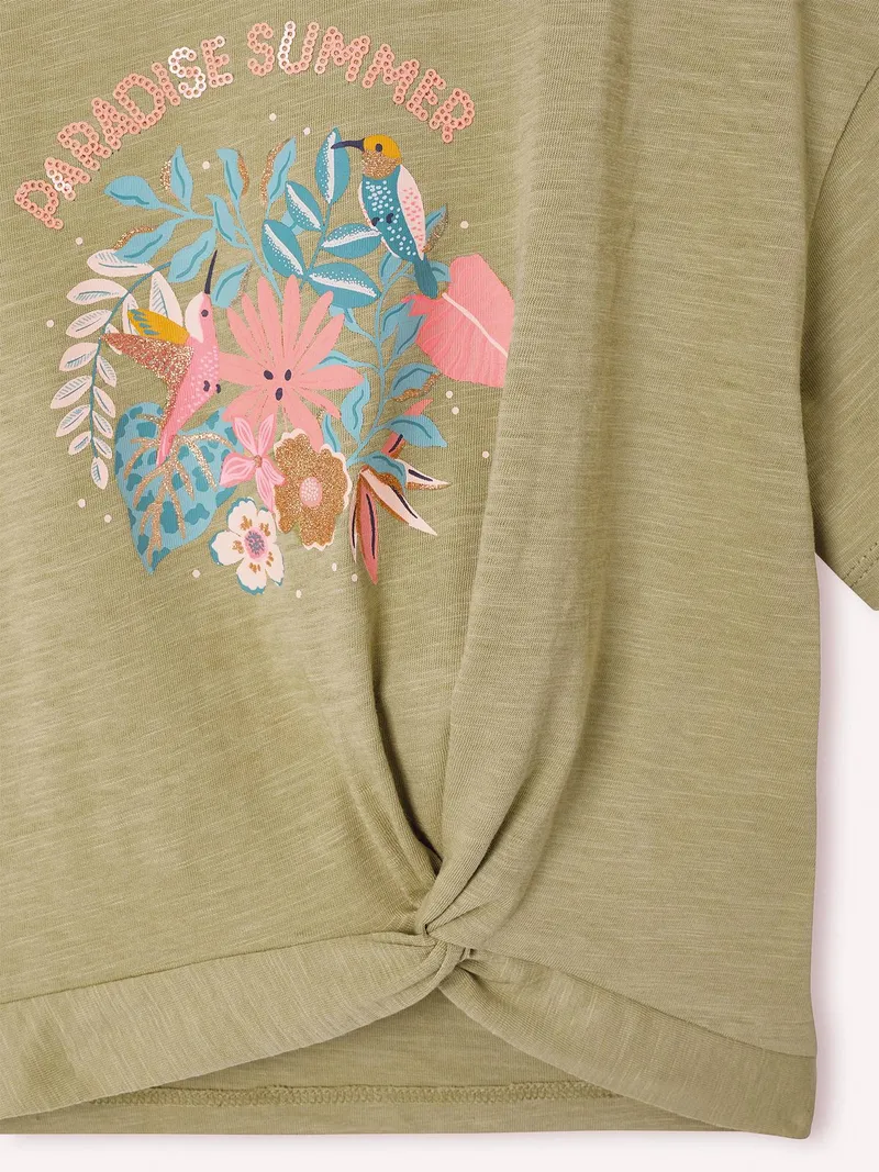 Vertbaudet T-Shirt Mädchen mit Zierknoten am Saum, Khaki, – Produktbild 2 von 2