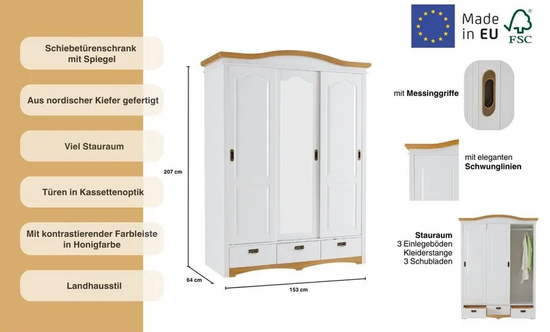 OTTO home Schiebetürenschrank Konrad, Landhausstil, rustikal, mit Schubladen + Spiegel, Kassetten (B/H/T ca. 153 cm x 207 cm x 64 cm) massive Kiefer, FSC®-zertifiziert, Messinggriffe, Weiß, – Produktbild 1 von 5