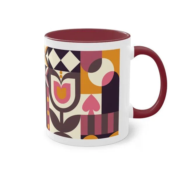 PepMelon Frühlings Liebe Bauhaus-Stil Zweifarbiger Kaffee- Teebecher, 330 ml, Maroon (burgundy rot), – Produktbild 1 von 3