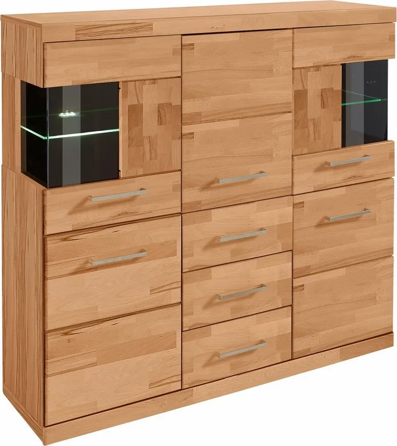 OTTO home Highboard Ribe,125cm breit,115cm hoch, Fronten Massivholz,5Türen,3 Schubladen, Holz massiv, Holzwerkstoff, Metall Griffe,10Fächer, Böden versetzbar, Braun, – Produktbild 6 von 8