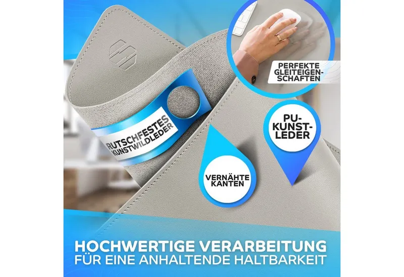 MAXLVL Gaming Mauspad Schreibtischunterlage - Mauspad mit Vernähte Kanten - abwaschbar (80x40 cm, Schreibtisch Unterlage für Büro), Tischunterlage Schreibtisch aus PU-Leder, Grau, – Produktbild 8 von 8