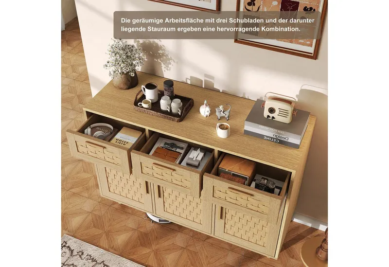 Simurq Sideboard Küchenschrank mit Rattangeflecht,3 Türen & 3 Schubladen,108x40x80 cm (2 Pakete, Aufbewahrungsschrank für Küche, Esszimmer, Rattan Kommode mit Verstellbaren Ablagen,Buffetschrank), Platzsparend,Pflegeleicht,Stabil,Verstellbare Einlegeböden, Natur, – Produktbild 3 von 5